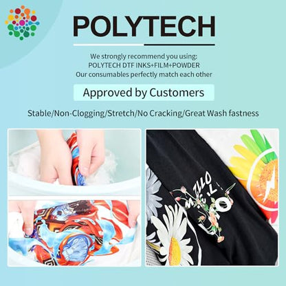 Polytech DTF Ink 6x500ML, Heat Transfer Printing Direct to Film, DTF Transfer Ink for PET Film, High Coverage Refillable DTF Ink for All DTF Printers High Accuracy, Good Printability - size: CMYKW 6x500ML