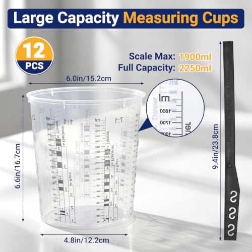 Gartful 12 Pack 61oz Clear Plastic Measuring Cups with 12 Stir Sticks, Disposable Graduated Mixing Cups with ml Scale & 3-Column Paint/Hardener/Thinner Mixing Ratios (1:1-7:1) for Epoxy Resin, Paint - size: 64oz / 1900ml - 12 Set