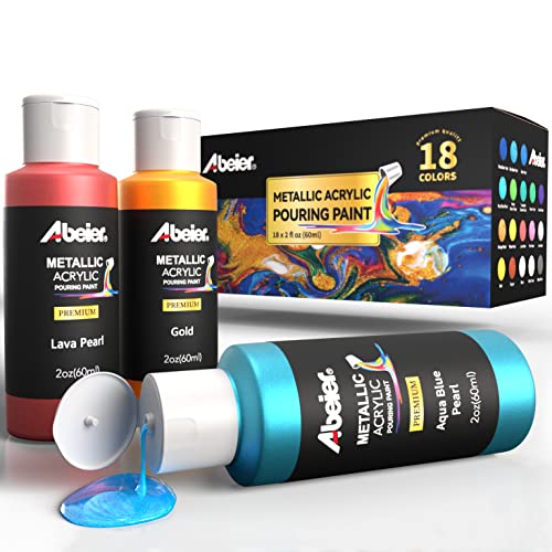ABEIER Metallic Acrylic Pouring Paint Set - Set of 18 Metallic Colors - Pre-Mixed High Flow & Ready to Pour - 2 oz./ 59 ml Bottles - Multi-purpose Paints for Canvas & Paper, Rocks, Wood and More - color: metallic colors