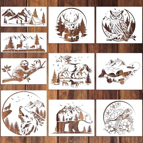 10 Pcs Large Wildlife Wood Burning Stencils for Painting Reusable Forest Animal Templates Horse Deer Turtle Fish Owl for Drawing Walls, Wood, Fabric, Home DIY Stencil Crafts - color: Mountain Forest