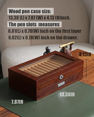 Pen Display With 24 Slots, Wood Storage Organizer, Glass Window Box for Men Gift (Brown Ash Veneer Finish, Camel Velvet) - color: brown 24 slots, camel velvet