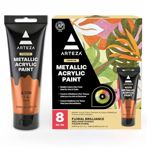 Arteza Metallic Acrylic Paint, Set of 8 Floral Brilliance Colors 4 oz Tubes, Rich Pigments, Non Fading, Non Toxic Paints for Artists & Hobby Painters - style: 8 x 120ml (4.06 fl oz) Floral Brilliance