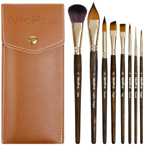 Nicpro Watercolor Paint Brushes Professional, 8Pcs Kolinsky Sable Performance Travel Paint Brush Set for Artist & Beginners with Flat Round Angle Mop Cats Tongue for Water Color, Gouache Ink Painting - size: 8 PCS