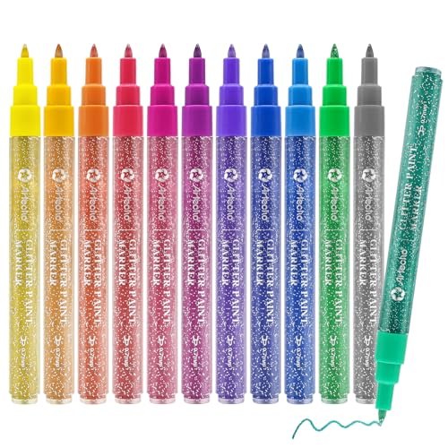 Artecho Glitter Paint Pens, 12 Colors Acrylic Glitter Markers with 0.7mm Extra Fine Tip for Rock Painting, Stone, Ceramic, Glass, Wood, Scrapbooking, Card Making and DIY Craft Art Supplies - color: 12 Colors Glitter
