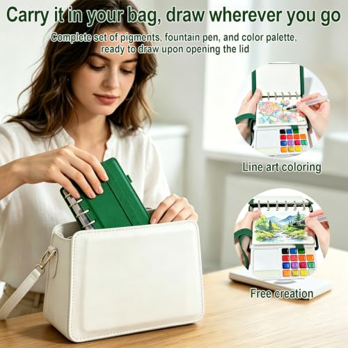 Travel Watercolor Set, 16 Colors Standard (8 Matte & 8 Shimmer), Mini Paint Kit with 30-Sheet 300G Cotton Sketchbook, Detachable Palette, Water Cup & Water Brush, Green - color: Green