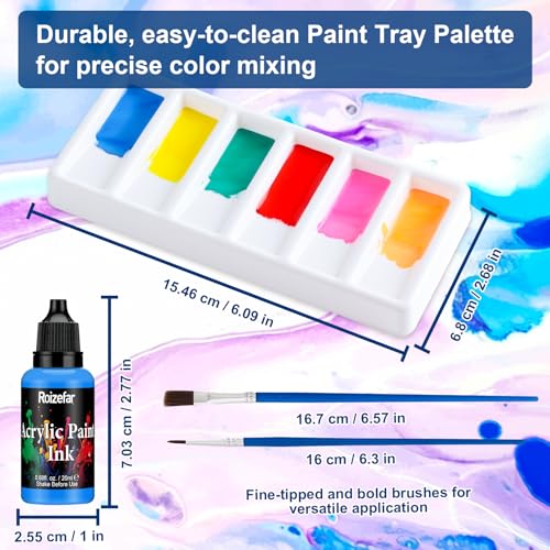 Roizefar Acrylic Paint Ink, 16 x 20ml (0.68 fl.oz), Acrylic Drawing Ink Set, Liquid Acrylics Paint with 2 Brushes and 1 Palette for Drawing, Ideal for Pouring Art, Mixed Media Projects