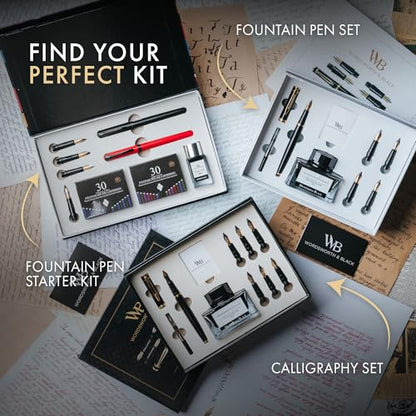 Wordsworth and Black Fountain Pen Set - Black - Includes 2 Pens, 18 ML Ink Bottle, 60 Ink Cartridges, A Refill Converter, 1 Medium and 4 Broad Nibs, Brush Pen - Fountain Pen Kit for Beginners - color: Red and Black