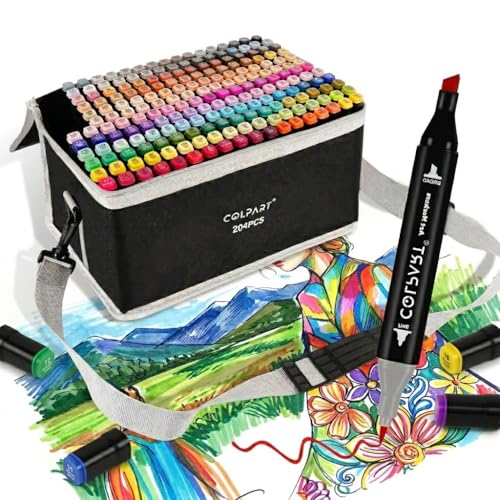 colpart 204 Colors Alcohol Markers Set Dual Tip Art Marker Pens with Pen Holder and Carry Bag for Adult Coloring Painting Supplies Perfect for Painting, Coloring, Sketching and Drawing - style: 204 Brush