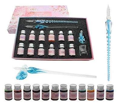 XIAOYU Glass Dip Pen Ink Set, 16 Pieces Calligraphy Pens Set - 12 Colorful Inks, Pen Holder, Cleaning Cup, 2 Crystal Glass Pens for Writing, Signature - Light Blue - color: Light Blue