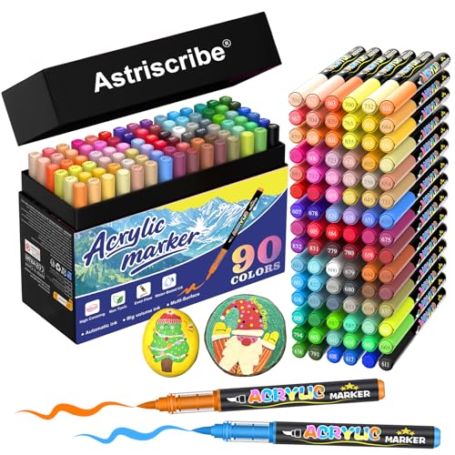 90 Colors Acrylic Paint Pens Set – Water-Based Paint Markers with Brush Tip (1–5 mm), Quick-Dry and Non-Toxic, Automatic Ink Control for Rock, Wood, Glass, Metal, and Fabric - color: 90 colors