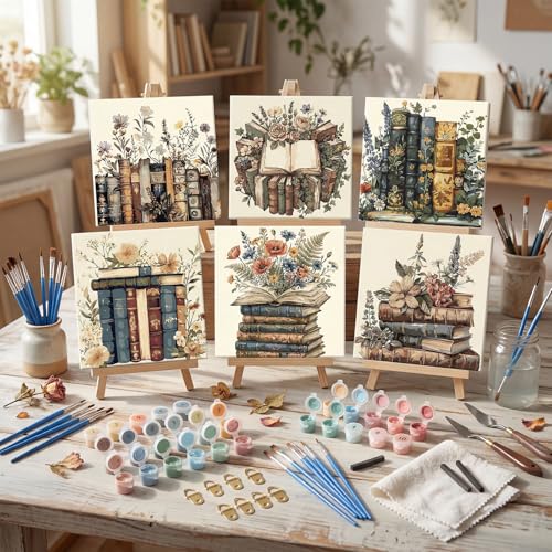 YooNotee 6 Pack Book Paint by Numbers Kit on Canvas with Wooden Easels & Brushes, 8x8 Inch Halloween Canvas Art Set for Adults DIY Flowers Acrylic Painting for Home Wall Decor - style: Book