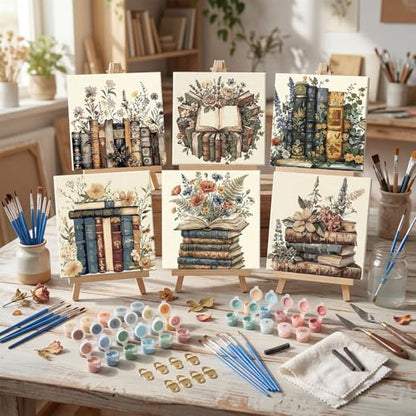 YooNotee 6 Pack Book Paint by Numbers Kit on Canvas with Wooden Easels & Brushes, 8x8 Inch Halloween Canvas Art Set for Adults DIY Flowers Acrylic Painting for Home Wall Decor - style: Book