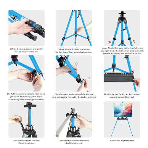 Easel for Painting, Portable & Foldable Easels Stand, Height-Adjustable 22'' to 62'', Equipped with Tray, Water Bucket Hook, Spirit Level, Compass & Carrying Bag for Art Display,Travel - Blue - style: Blue