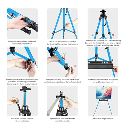 Easel for Painting, Portable & Foldable Easels Stand, Height-Adjustable 22'' to 62'', Equipped with Tray, Water Bucket Hook, Spirit Level, Compass & Carrying Bag for Art Display,Travel - Blue - style: Blue