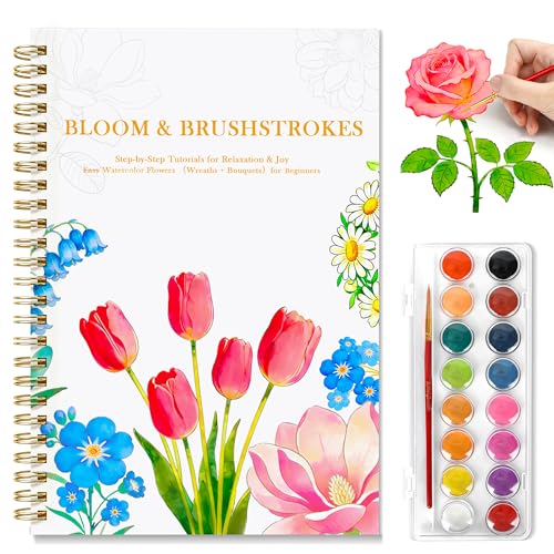 Creazic Watercolor Workbook for Beginners, Floral Water Coloring Book Kit with 16 Paints & 1 Brush, 300gsm No-Bleed Paper, Easy Step-by-Step Guide, Ideal Gift for Mindfulness & Painting Practice - color: Floral with Palette