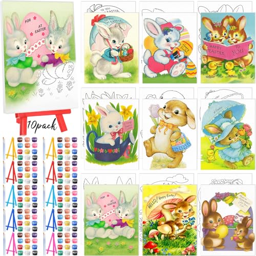 Blosssound 10 Set Easter Vintage Pre Printed Canvas Bunny Eggs Pre Drawn Canvas Painting with Easel Kits 5" x 7" Outline Painting Panels for Beginners, DIY Craft Project, Party Favor, Home Decors - style: Vintage Easter
