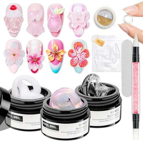 3d Sculpting Gel for Nail Art, Non-Stick Hand Solid Builder Gels Clear White and Pink Aurora 3d Gel Nail Art for Home Manicure, Nail Salon, Nail Charms, Solid, Extension, Carving Hard Gels - color: Clear&Mikly White&Aurora Pink