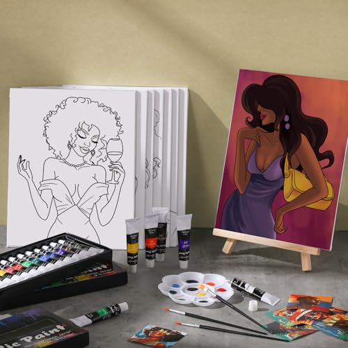 Cholemy 36 Pcs Paint and Sip Kit for Adults 8''x10'' Pre Drawn Canvas for Painting DIY Afro Acrylic Painting Kit Wood Easel Brushes Date Night Bulk for Summer 4th of July Party Gift(Charming Lady) - style: Charming Lady