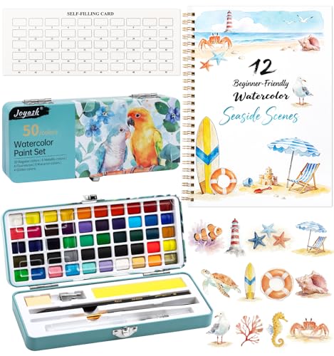 Watercolor Workbook Seaside, Water Coloring Book, 12 Different Patterns of Original DIY Designs, 50 Colors Watercolor Paint Set with Palette and Brush, Beginner-Friendly Watercolor Workbooks (Seaside) - color: Seaside