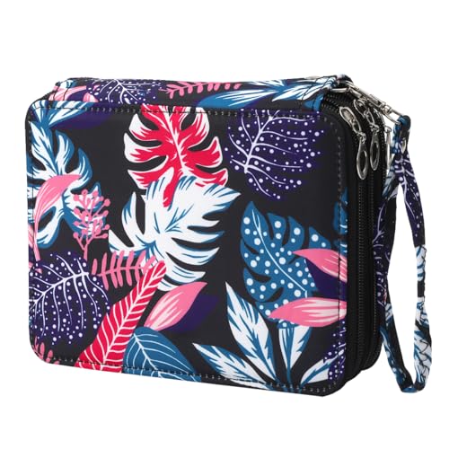 Colored Pencil Case - 72 Slots Pencil Holder with Zipper Closure Twill Fabric Large Capacity Pencil Case for Watercolor Pens or Markers, Pencil Case Organizer for Artist - color: Black Leaves, size: 72
