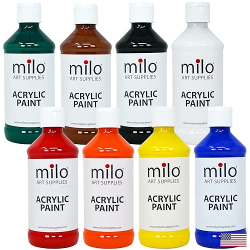 milo Acrylic Paint Set of 8 Colors | 8 oz Bottles | Student Primary Colors Acrylics Painting Pack | Made in the USA | Non-Toxic Art & Craft Paints for Artists, & Hobby Painters - style: Primary Set 8 x 8 oz