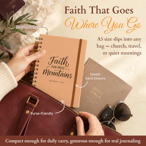 Only Zest Hardcover Blank Christian Notebook – 140 Pages - Matthew 17:20 | Lined Pages with Bible Verse Cover – Inspirational Writing Spiral Notebook for Bible Study, "Faith Can Move Mountains" - color: Faith_Beige