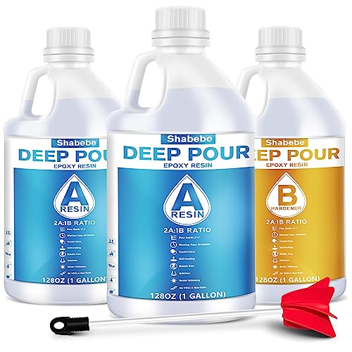 Shabebe Deep Pour Epoxy Resin 3 Gallon, 2 to 4 Inch Depth Clear Epoxy Resin Kit with Mixer, Bubble Free, Low Odor 2:1 Casting Resin for Table Top, Countertop, River Table, Wood Filler, Bar Top - size: 3 Gallon