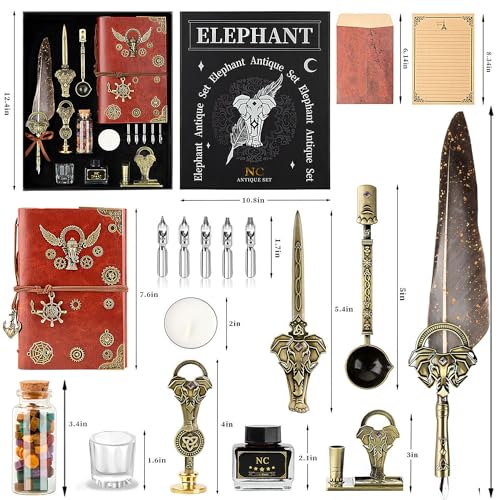 NC Feather Pen Ink Set,with Quill Pen,Notebook,5 Replaceable Nibs,Ink,Pen Holder,Stamp,Spoon,Wax Beads, White Wax,Cup,Envelopes and Letter Paper Etc.Beautiful Gift Calligraphy Set.(Grey) - color: Grey