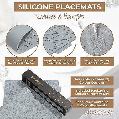 Modern Silicone Placemat Set of 2- Table Protector for Dining Room Table, Kitchen, Craft Mat- Non-Toxic, Anti-Slip, Dishwasher Safe, BPA Free, Heat Resistant - (Gray) - color: Gray