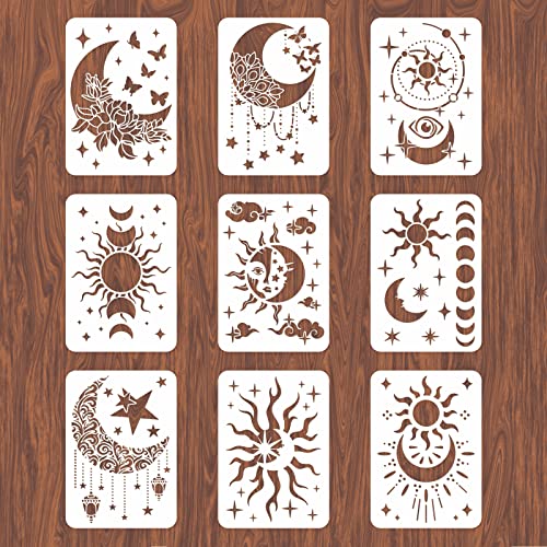 INFUNLY 9PCS/Set Sun Moon Wall Stencils for Painting 12x8 Mandala Tile Stencil Large Flower Star Concrete Floor Stencils Reusable Drawing Template for Painting Wood Canvas Furniture Patio Home Decor - color: Star Moon Stencil