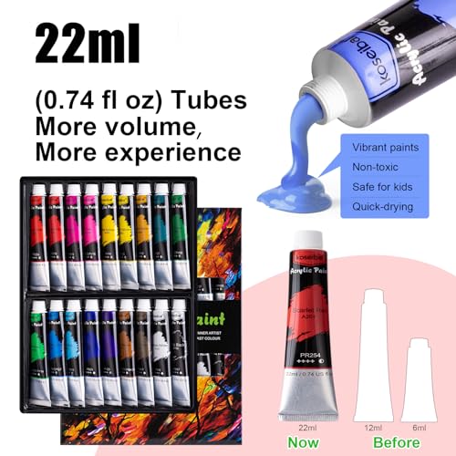 koseibal Acrylic Art Set with 18 Acrylic Paints, 8 Brushes, 4 Stretched Canvas, 1Wooden Easel, Etc, Premium Painting Supplies Kit for Students, Artists Kids, Adults, and Beginner - color: 18color+36pcs