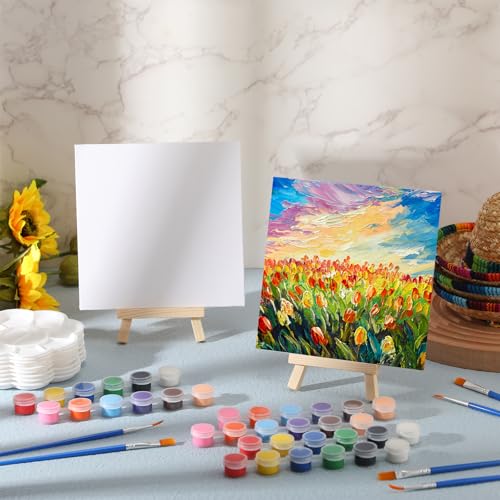 Qilery 24 Set 6 x 6 Inch Canvas Boards and Easel for Painting, Acrylic Paint Strips, Palettes, Brushes, Canvases Painting Kits for Kids Adults Artists Beginners Oil Acrylic Painting Party Favors - size: 6" X 6"