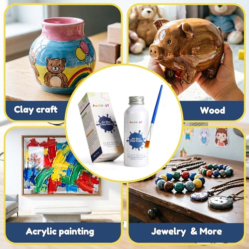 Aestd-ST 100ml Air Dry Clay Glaze – Gloss Varnish with Soft Brush for Polymer Clay, Air Dry Clay, Pottery & Crafts – Prevents Cracks, Scratches & Wear
