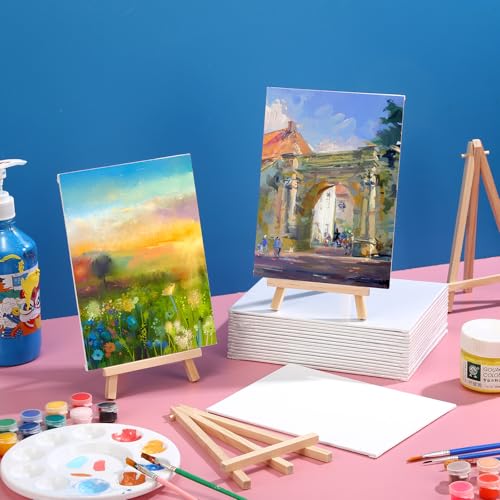 MotiMind 36 Pcs Mini Canvas and Easel Set for Painting, 6 x 8 Inch Canvas Panels with 8 Inch Wooden Easels for Oil Acrylic Painting Christmas Birthday Valentine's Mother's Day Art Crafts Party Favors - size: 6 x 8 Inch