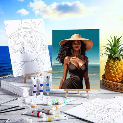 Zhanmai 88 Pcs 8 x 10 Inch Pre Drawn Canvas for Painting Kit Pre Stretched Canvas for Sip and Paint Party Favor Coloring DIY Virtual Party Birthday Gifts Adult's Date Night(Afro Queen) - style: Afro Queen