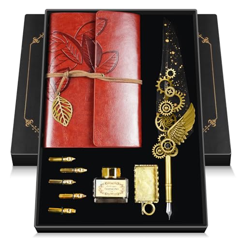 GrnVibe Quill Pen and Ink Set Antique Calligraphy Pen Set with Feather Pen,Leather Notebook for Writing,5 Replaceable Nibs,Pen Holder,Ink,Calligraphy Pens for Beginners Vintage Decor Gift Set - color: Black