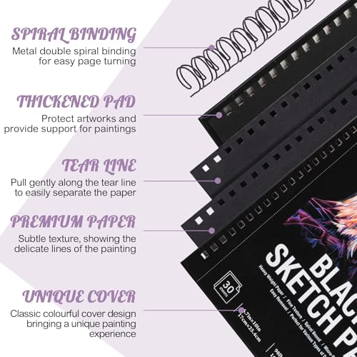 30 Sheets Black Paper Sketchbook with 12 Color Gel Pen Set, 98lb/160gsm Heavyweight Black Sketch Pad 6.7×10in, Acid-Free Drawing Paper, Spiral Bound Sketch Book for Teens, Artist - size: 6.7×10in Set