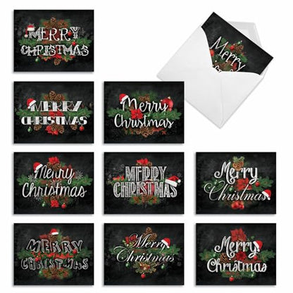 The Best Card Company - 10 Christmas Greeting Cards with Envelopes - Festive, Fun Assorted Holiday Notecards (4 x 5.12 Inch) - Christmas Chalk and Roses M2358XSG - style: Christmas Chalk and Roses