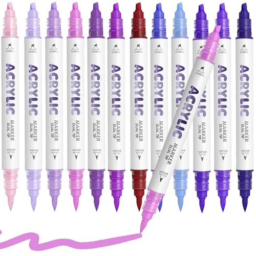 Purple Acrylic Paint Pens, Water Based 12 Colors Dual Tip Acrylic Paint Markers for Rock Painting Wood, Glass, Ceramic, Canvas, Fabric, Stone, DIY Crafts Making Art Supplies - color: Purple Series