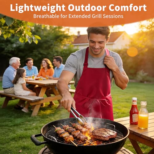 SHEOMERN Aprons for Men Kitchen Cooking – Waterproof & Oil Proof 3-Layer Long Pocket-Free Chef Apron for Grilling BBQ Baking – Gift for Men - color: Red