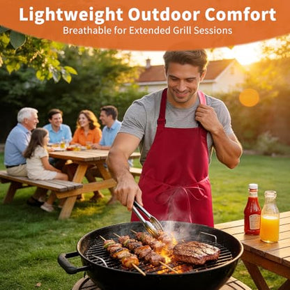 SHEOMERN Aprons for Men Kitchen Cooking – Waterproof & Oil Proof 3-Layer Long Pocket-Free Chef Apron for Grilling BBQ Baking – Gift for Men - color: Red