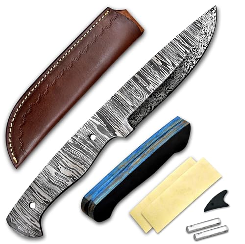 Custom Hand Forged Damascus Steel Blank Blade Knife Making Kit, Leather sheath, Pin, Scale, DIY Hunting, Camping Blade, Damascus Blade Billet Handmade, Knife Making Supply (BK-M) - color: BK-M