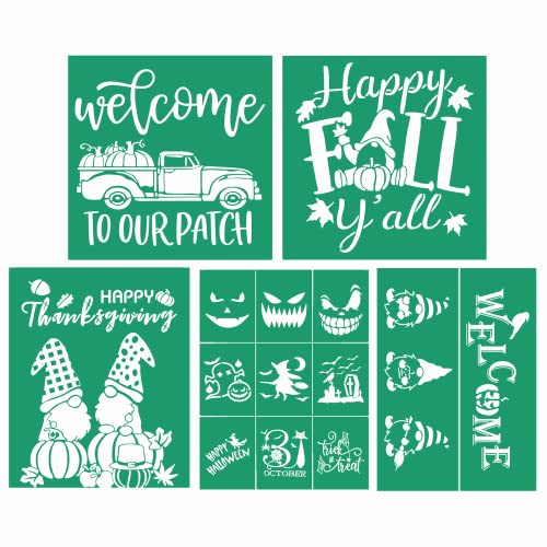 JAJADO Self Adhesive Silk Screen Stencil Holiday 5 Pcs, Autumn Thanksgiving Reusable Fall Stencils Screen Print Stencils for Crafts on Wood/Fabric/Coffee Cup/DIY Halloween Party Indoor/Outdoor Decor - color: 5 pcs Fall/Halloween