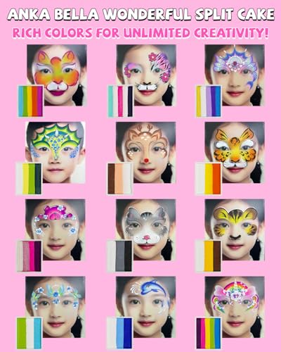 Anka Bella Professional Face Painting Kit for Kids and Adults with tutorial | Water activated face paint,Rainbow cake with Stencil and brush - color: Animal Design Rainbow Cake