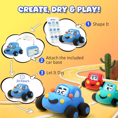 Air Dry Clay Kit for Kids - Pull Back Car Making, 3 Boxes Modeling Clay with Sculpting Tools, Base, Backing Board, Tutorial, Ultra Light & Soft, Non-Toxic & Safe, Creative DIY Arts and Crafts Toys - color: Racine Trio