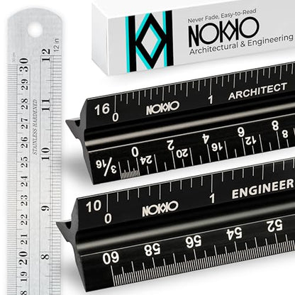 NOKKO Architectural Scale Ruler Set with Engineer Scale and Metal Ruler, 12 Inch Aluminum Drafting Rulers for Blueprints, Engineering Drawings and Floor Plans