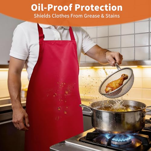 SHEOMERN Aprons for Men Kitchen Cooking – Waterproof & Oil Proof 3-Layer Long Pocket-Free Chef Apron for Grilling BBQ Baking – Gift for Men - color: Red