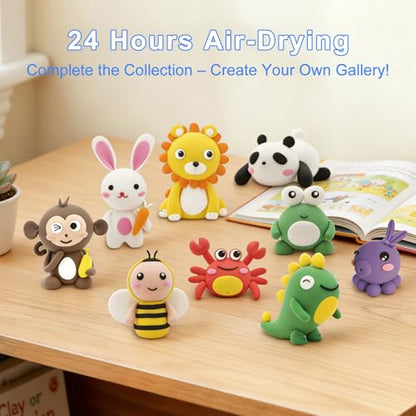 Air Dry Clay Kit for Kids: 12 Animals Modeling Magic Clay Set with Sculpting Tools and Tutorials Safe Non-Toxic & Light Soft DIY Art Craft Molding Clay School Class Home Party Gifts for Boys Girls
