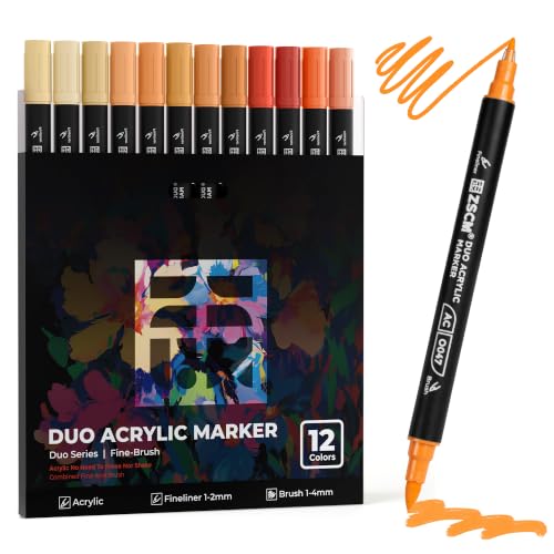 ZSCM QUALITY DECIDES THE FUTURE 12 Orange Acrylic Paint Markers, Dual Tip Acrylic Brush Pens with Fine Tip & Brush Point, Bright Orange Acrylic Markers for Wood Canvas Stone Glass Rock Painting - color: 12 Orange