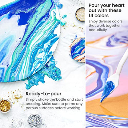 ARTEZA Acrylic Pouring Kit – 14 High-Flow Paints, 2 Stretched Canvases, 2 Wooden Slices, Glitter, Palette Knives & Craft Tools for Acrylic Pouring Projects